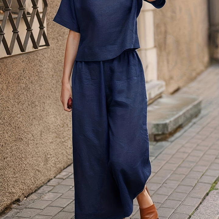 Crew Neck Short Sleeve Top And Wide-Leg Pants Set