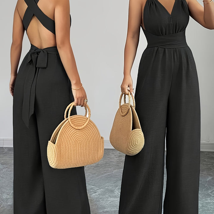 Halter V-Neck Ruched Wide-Leg Jumpsuit
