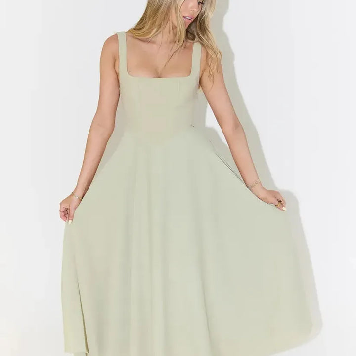 Square Neck High Waist Midi Dress