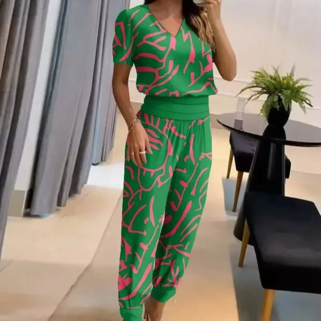 Pleated V-Neck Top And Tapered Pants Set