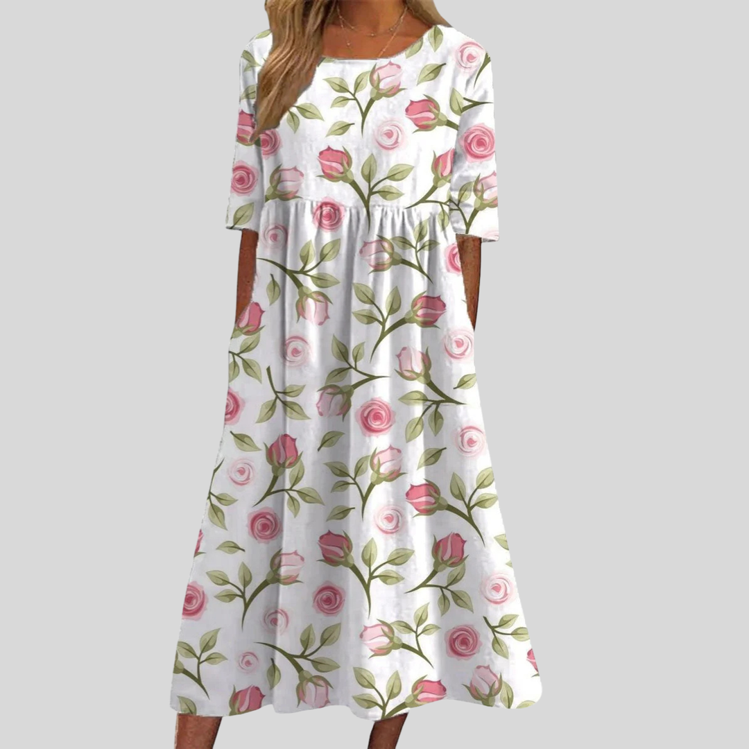 Floral Print Empire Waist Midi Dress with Pockets
