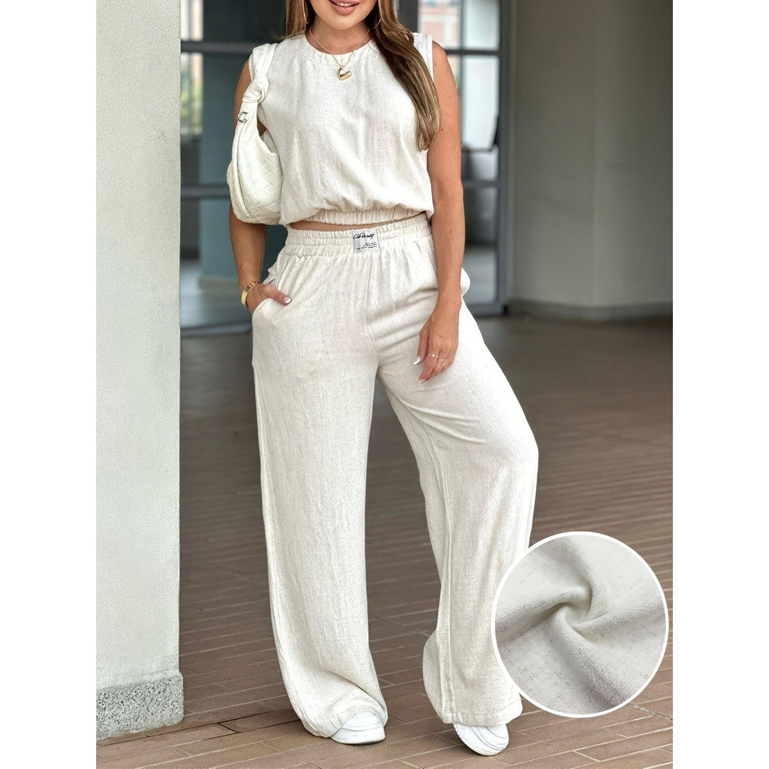 Crew Neck Sleeveless Crop Top And Wide-Leg Pants Set