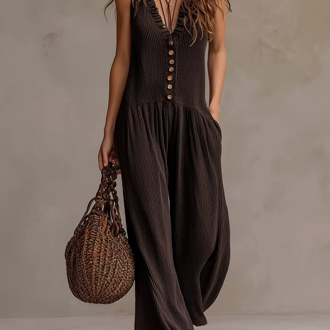 Ruffle V-Neck Smocked Wide-Leg Jumpsuit
