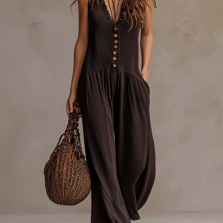 Ruffle V-Neck Smocked Wide-Leg Jumpsuit