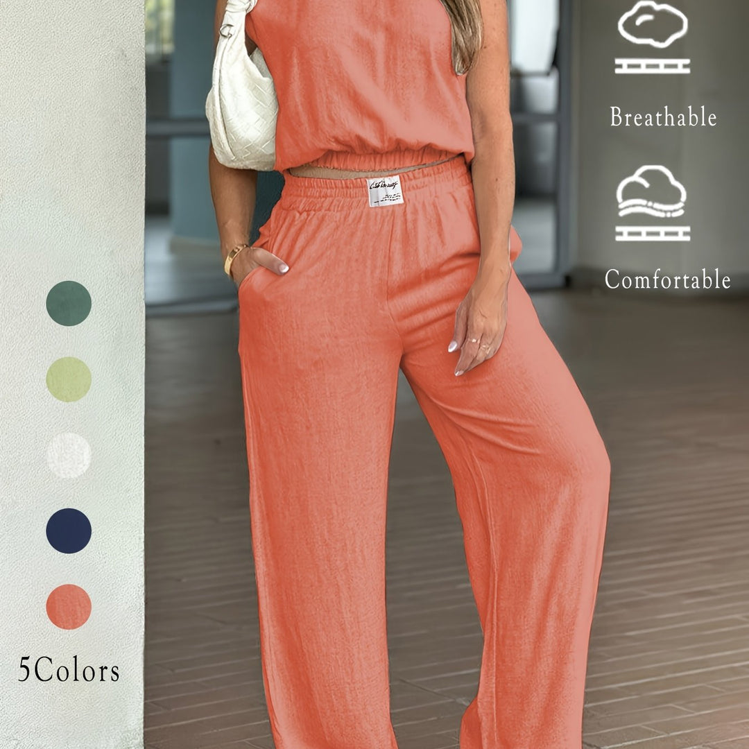 Crew Neck Sleeveless Crop Top And Wide-Leg Pants Set