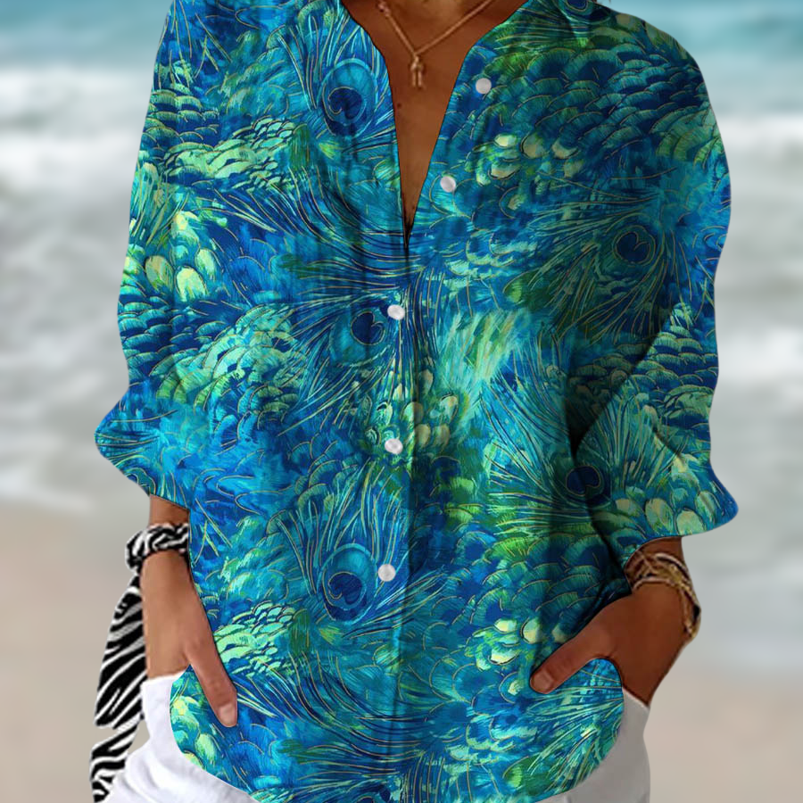 Peacock Print Collared Button-Down Shirt
