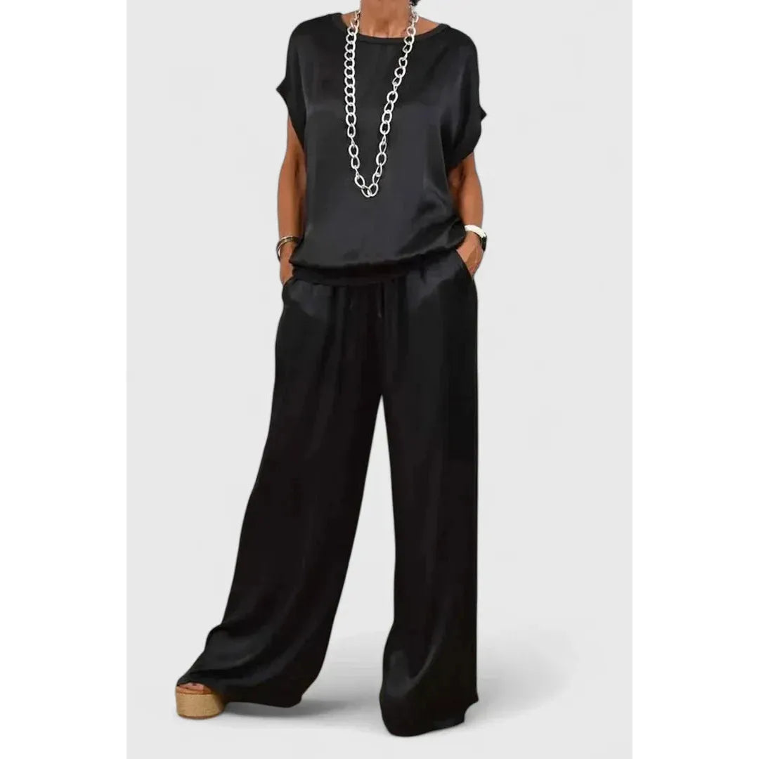Satin-Look Batwing Top And Wide-Leg Trouser Set