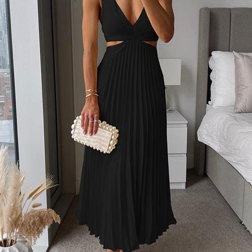 Satin-Look V Neck Midi Dress with Side Cutouts