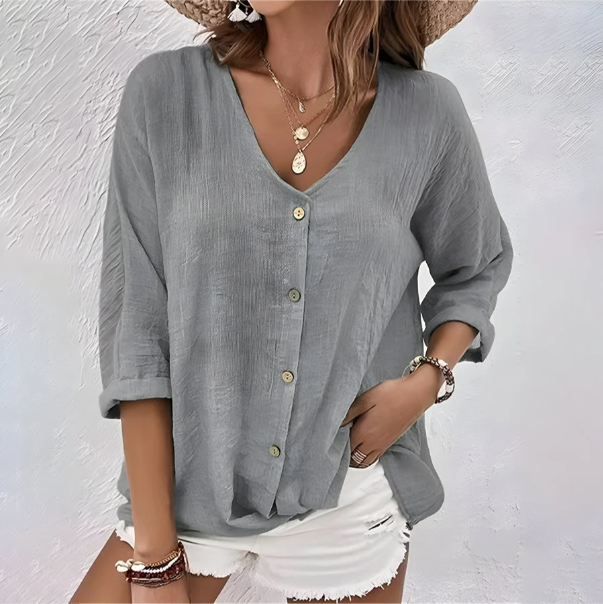V-Neck Button-Front 3/4 Sleeve Top