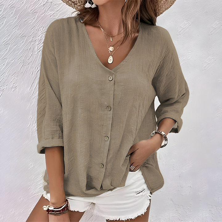 V-Neck Button-Front 3/4 Sleeve Top