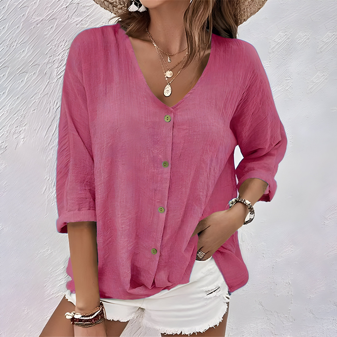 V-Neck Button-Front 3/4 Sleeve Top