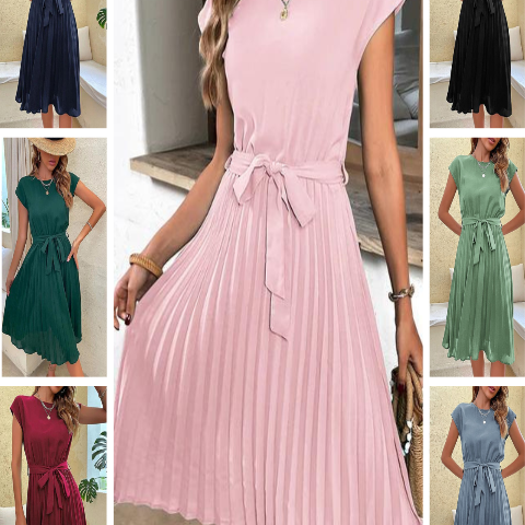 Pleated Midi A Line Dress with Tie Belt