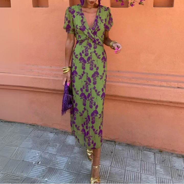 Puff Sleeves Floral Plunge V Neck Dress