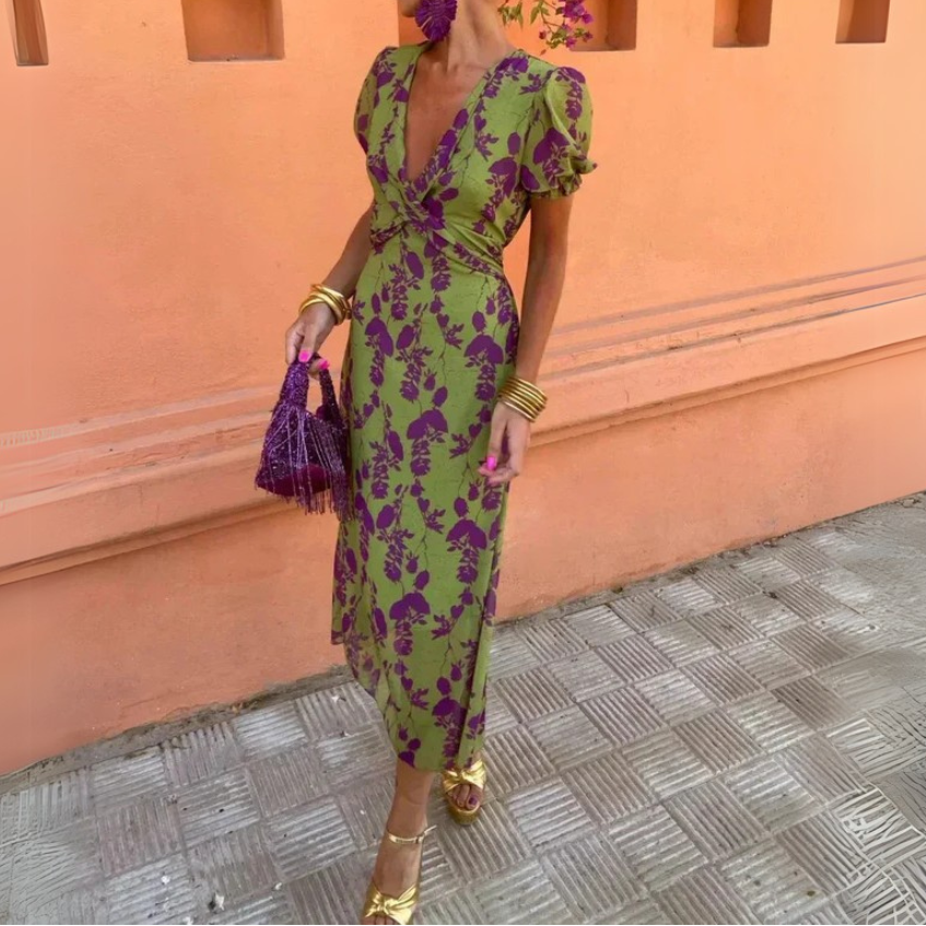 Puff Sleeves Floral Plunge V Neck Dress