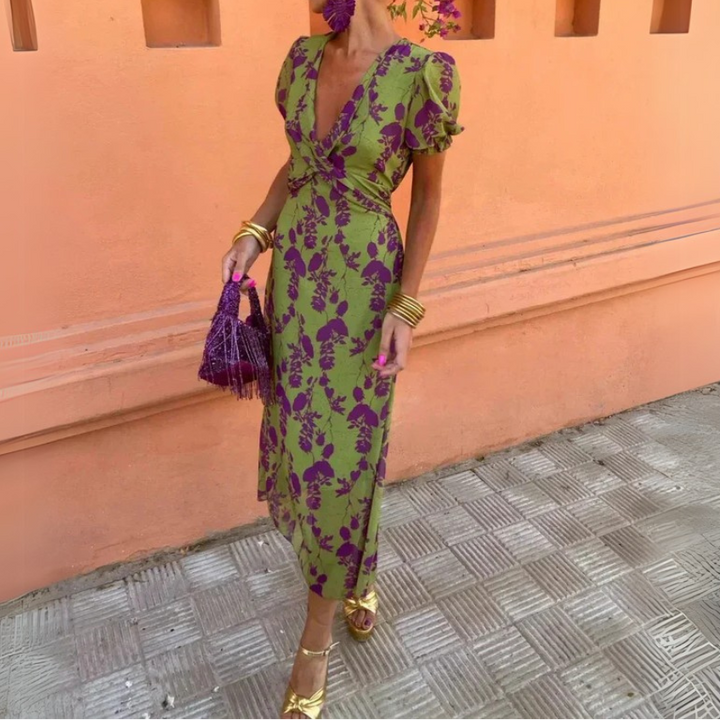 Puff Sleeves Floral Plunge V Neck Dress