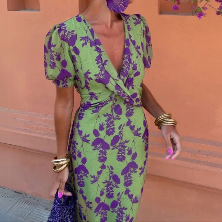 Puff Sleeves Floral Plunge V Neck Dress