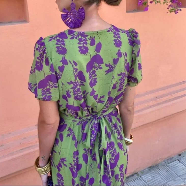 Puff Sleeves Floral Plunge V Neck Dress