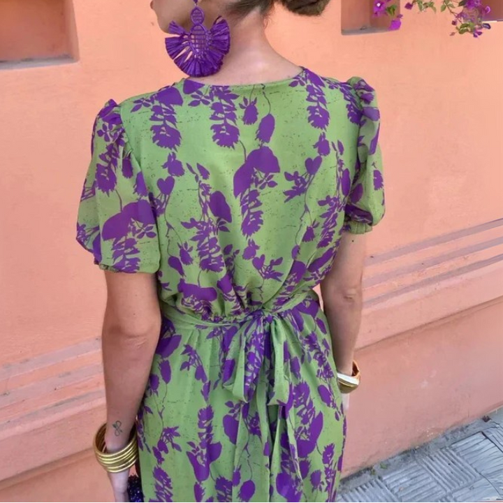 Puff Sleeves Floral Plunge V Neck Dress