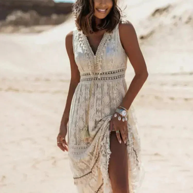 Boho Lace-Look V-Neck Maxi Dress