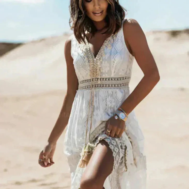 Boho Lace-Look V-Neck Maxi Dress