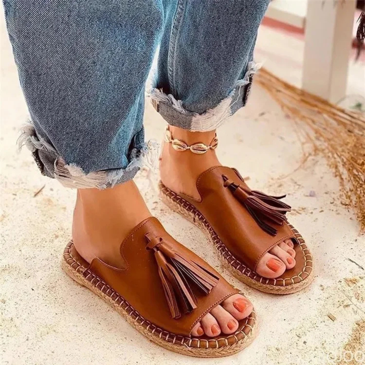 Jute Tassel Espadrille Flat Slide Sandals