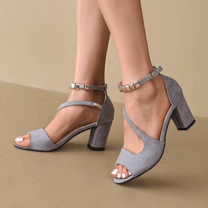 Suede-Look Metallic Ankle Strap Block Heel Sandals