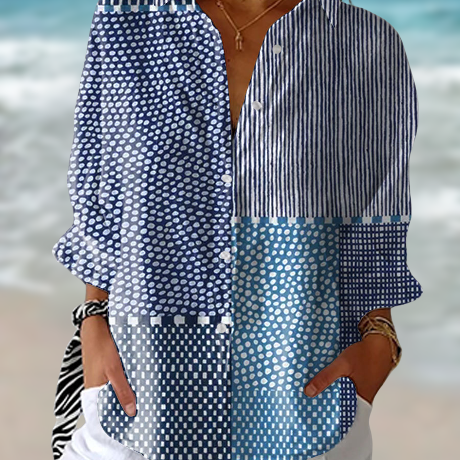 Blue Patchwork Print Collared Button-Down Shirt