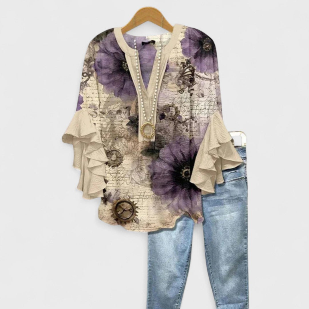 Ruffle Sleeve V-Neck Blouse