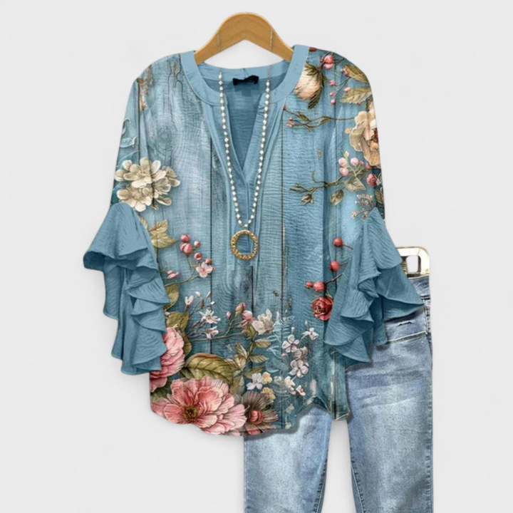 Ruffle Sleeve V-Neck Blouse