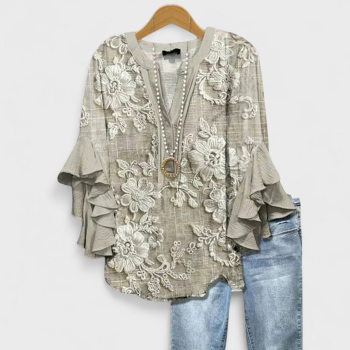 Ruffle Sleeve V-Neck Blouse