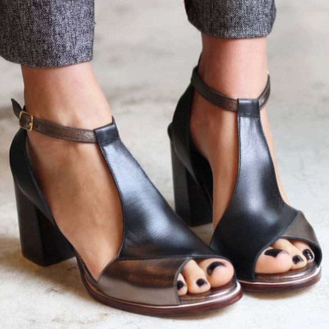 Black T-Strap Peep Toe Block Heel Sandals