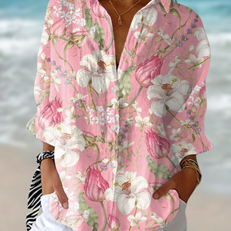 Pink Floral Collared Button-Down Shirt