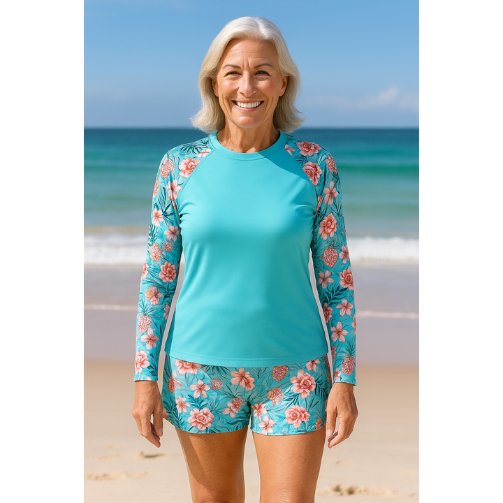 Floral Long Sleeve Swim Top & Shorts Set