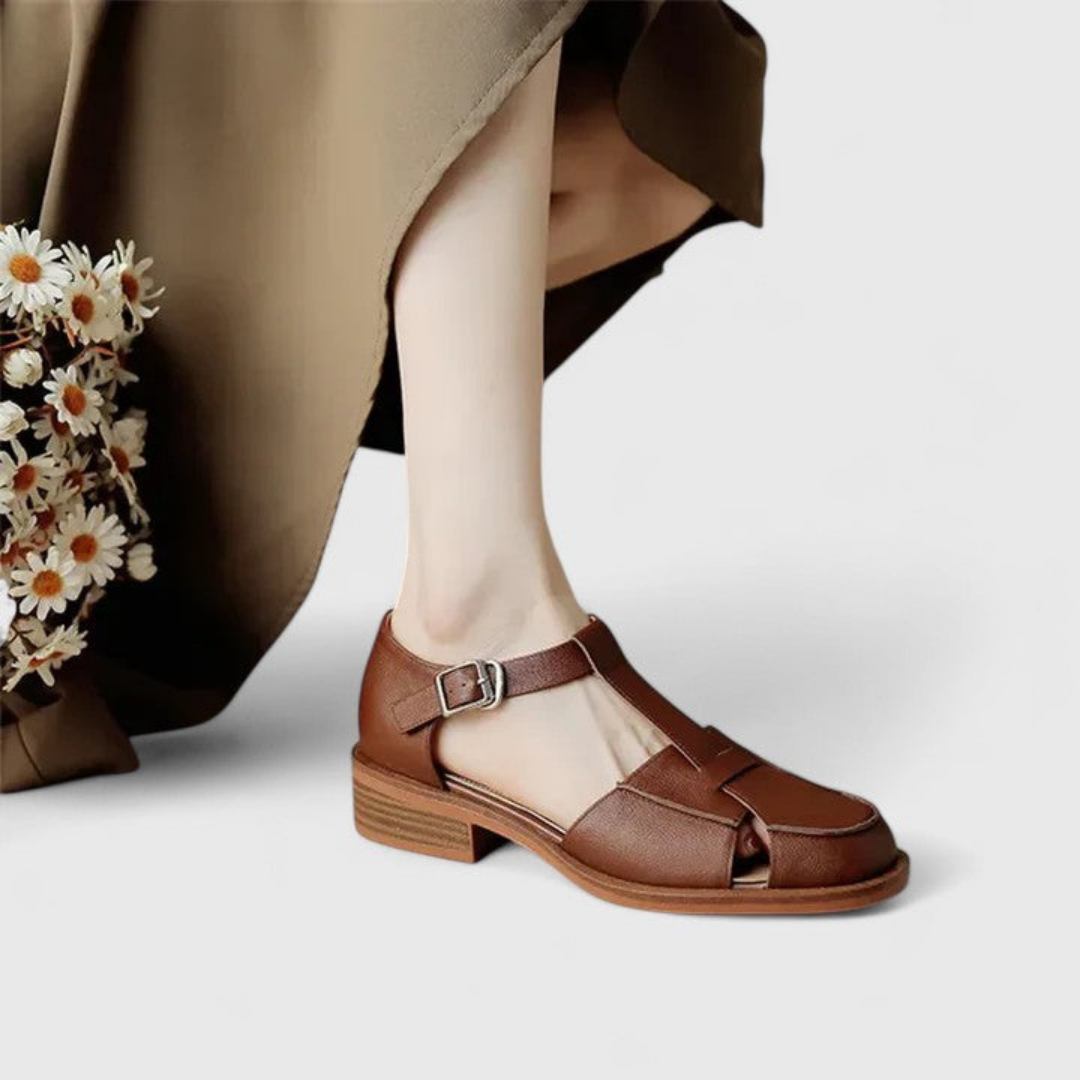 T-Bar Closed-Toe Block Heel Sandals