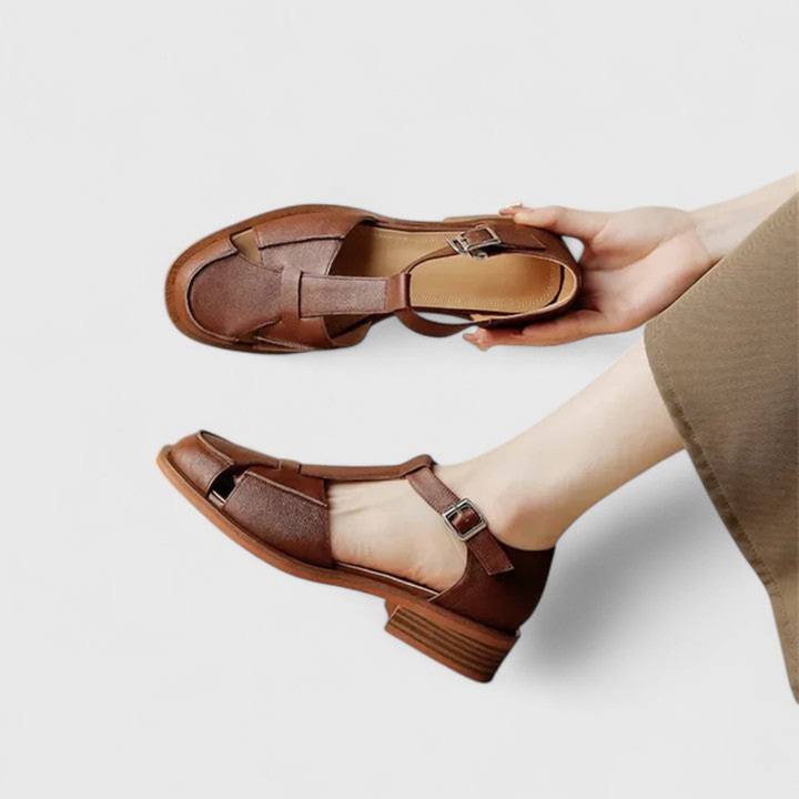T-Bar Closed-Toe Block Heel Sandals