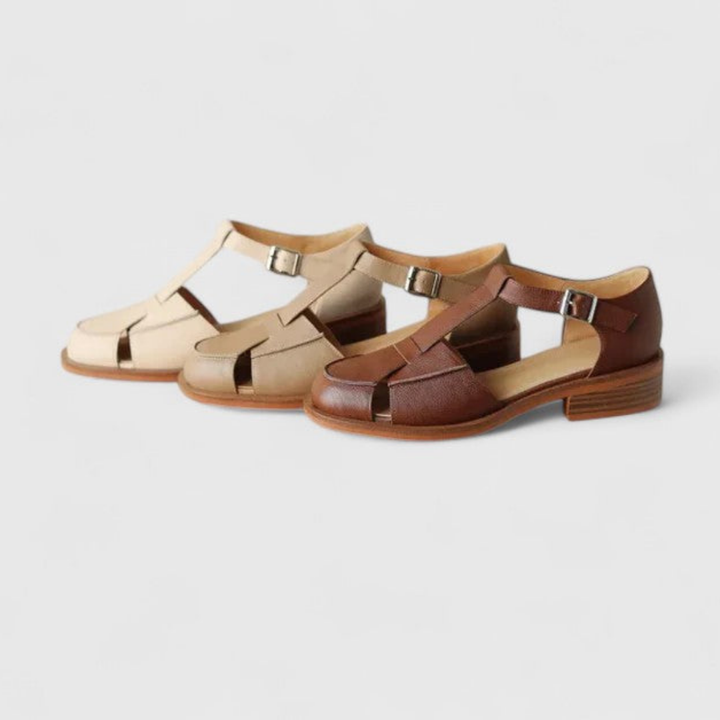 T-Bar Closed-Toe Block Heel Sandals