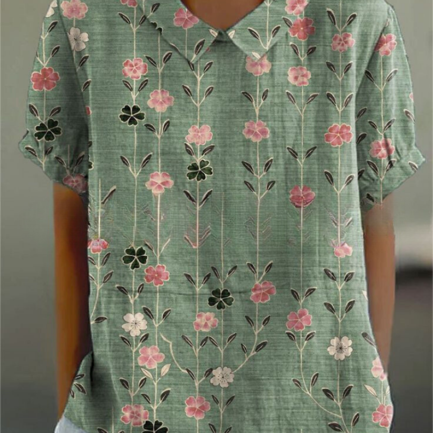Botanical Print Collared Short Sleeve Top