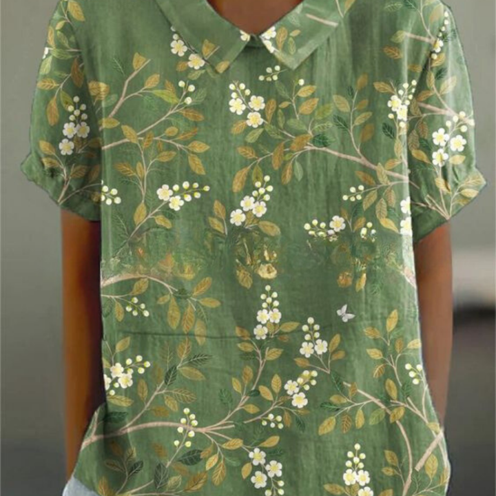 Botanical Print Collared Short Sleeve Top
