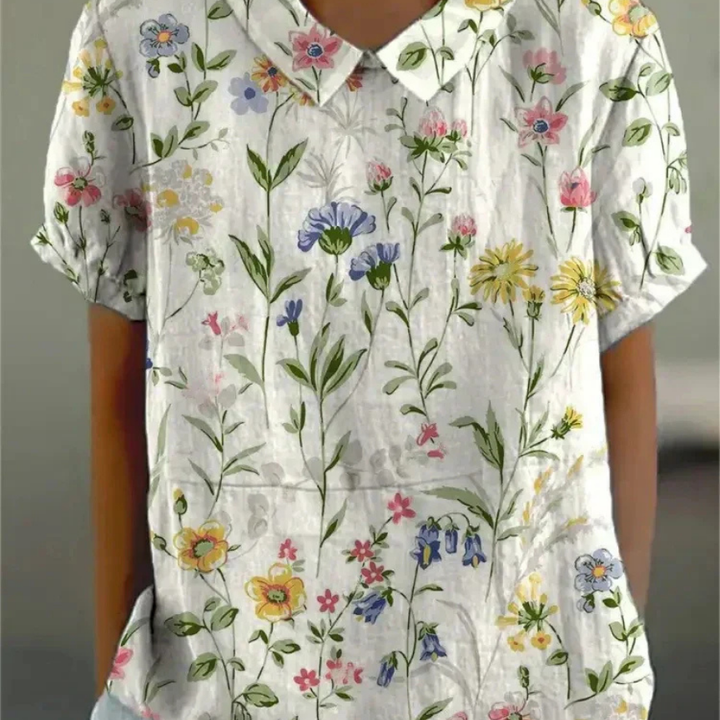 Botanical Print Collared Short Sleeve Top