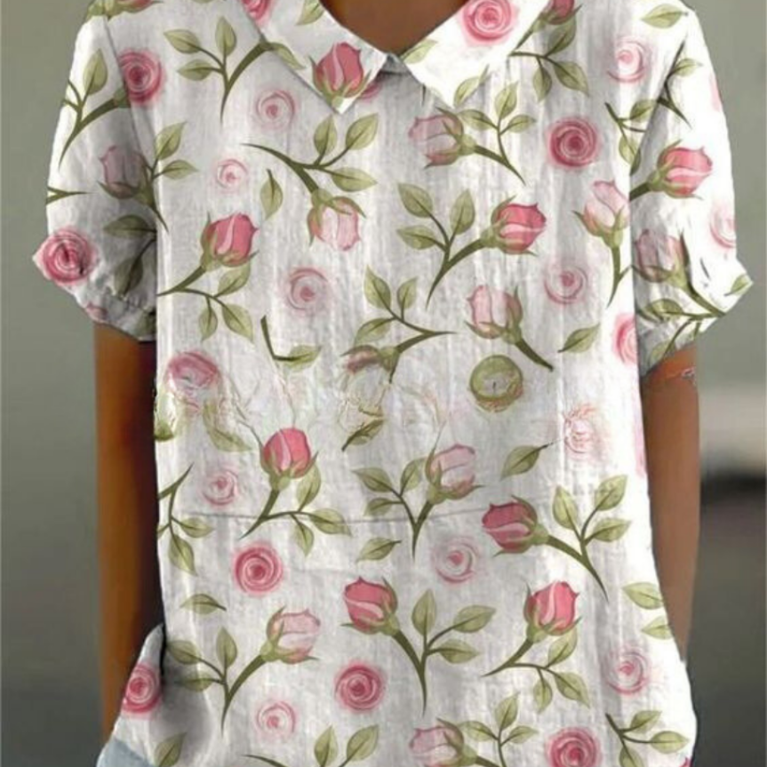Botanical Print Collared Short Sleeve Top