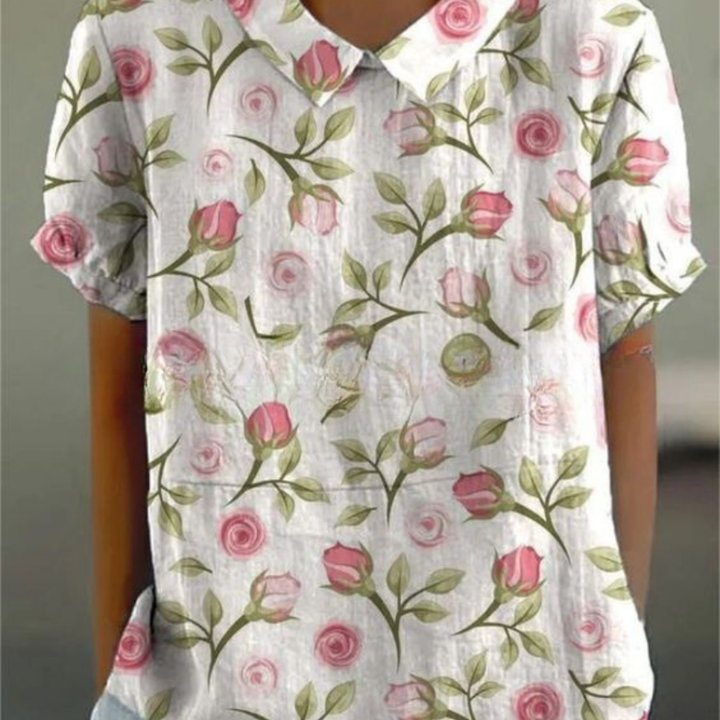 Botanical Print Collared Short Sleeve Top
