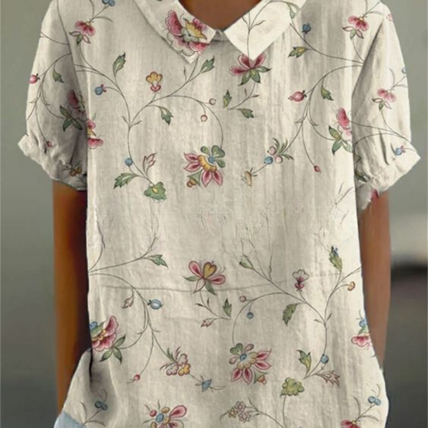 Botanical Print Collared Short Sleeve Top