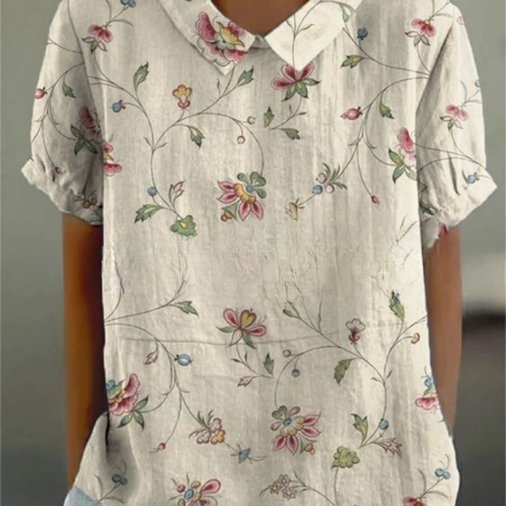 Botanical Print Collared Short Sleeve Top