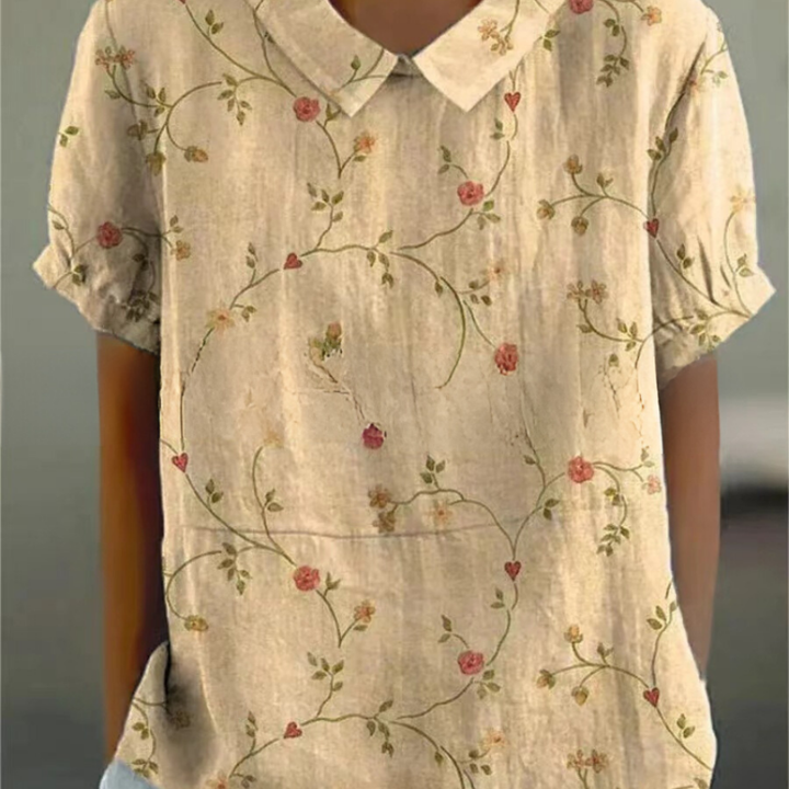 Botanical Print Collared Short Sleeve Top