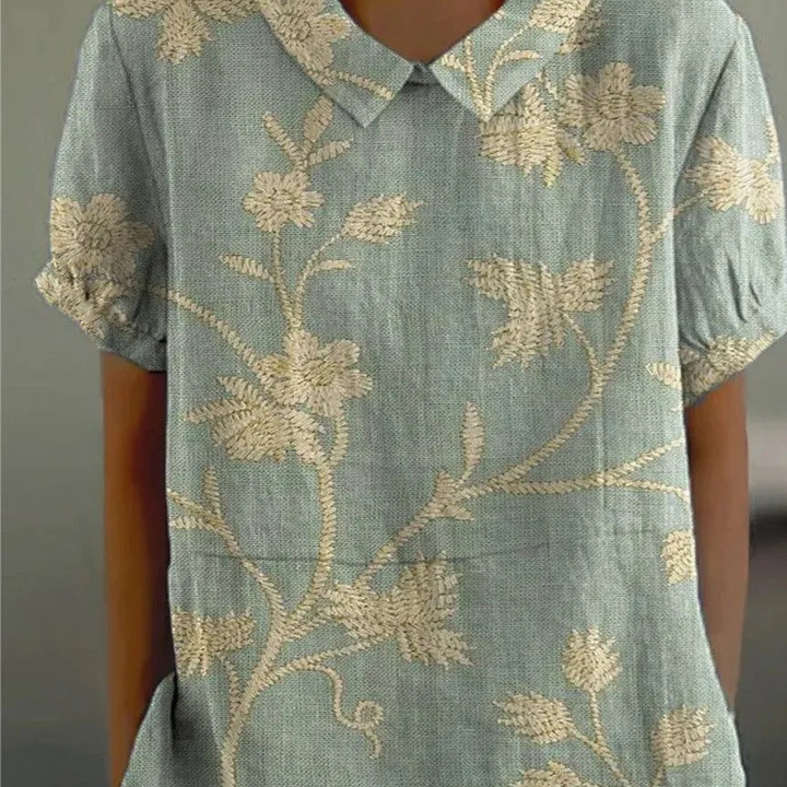 Botanical Print Collared Short Sleeve Top