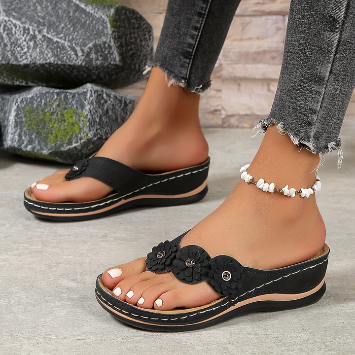 Floral Toe Post Wedge Flip-Flop Sandals
