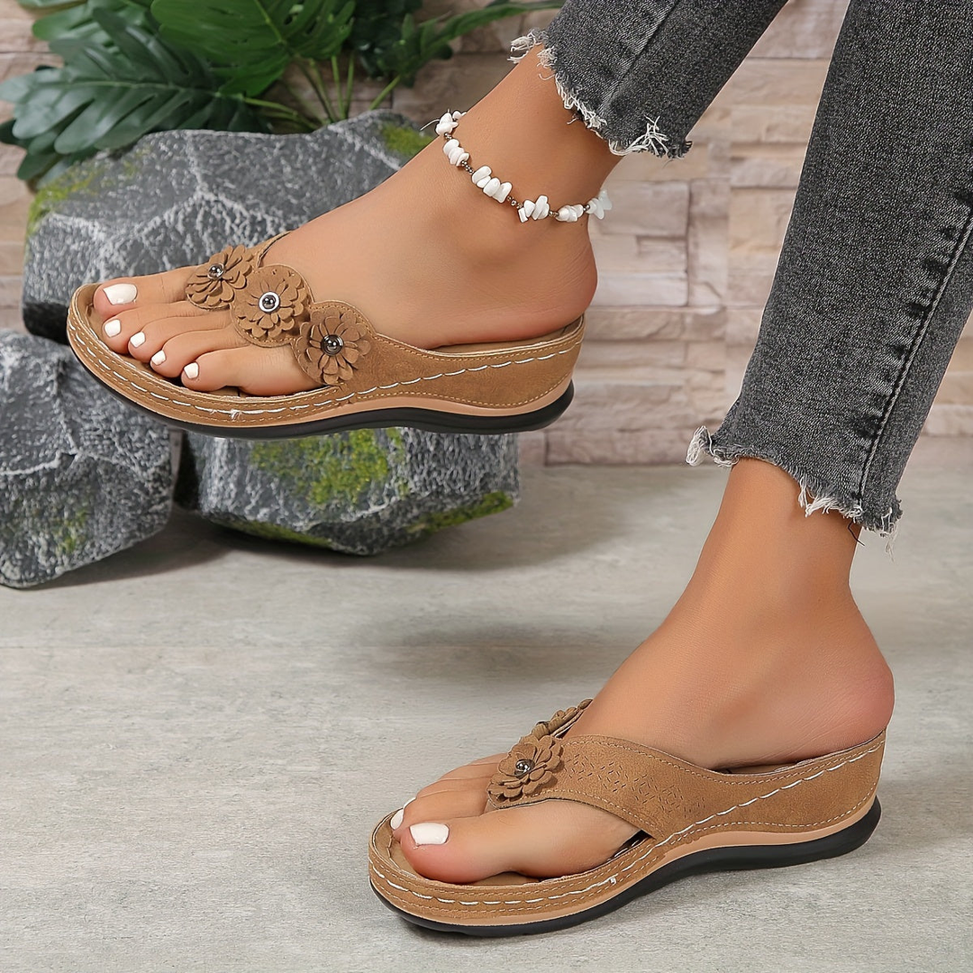 Floral Toe Post Wedge Flip-Flop Sandals