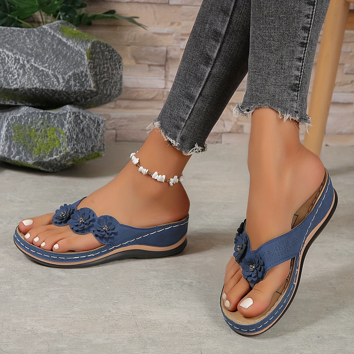Floral Toe Post Wedge Flip-Flop Sandals