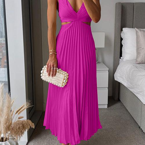Satin-Look V Neck Midi Dress with Side Cutouts