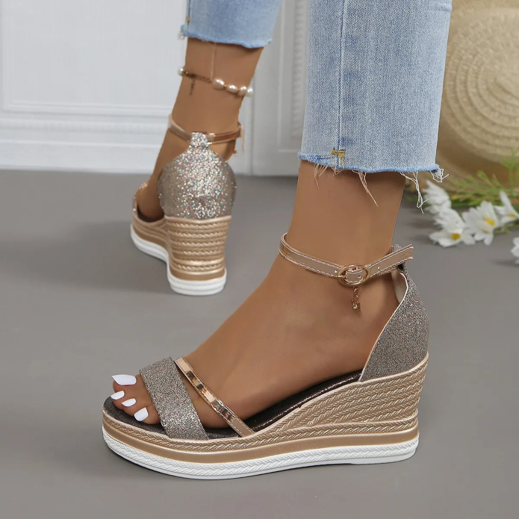 Glitter Espadrille Wedge Ankle Strap Sandals